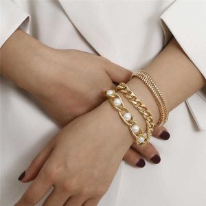 3pcs/lot Punk Thick Bracelet Bangle Chunky Heavy Metal Imitation Pearl Bracelet Wrist Chain Jewelry Q0719