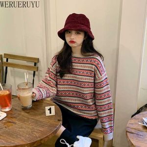 WERUERUYU Herbst Vintage Damen Pullover Dicker Pullover Winter Warmer Strickpullover Weicher Langarmpullover Japanischer Print Top 210608