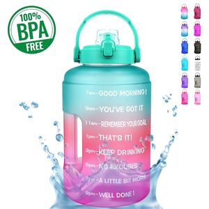 QuiFit 2.5L 83oz 3.78L 128oz Wide Mouth 1 Gallon Motivational Water Bottle with Time Marker Flik-Flop A Free Sport Fitness 220125