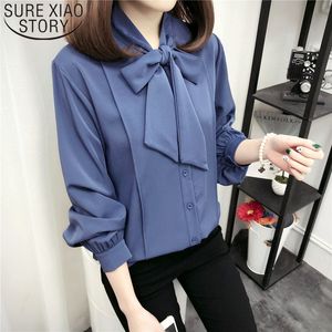 Mulheres e Senhoras Chiffon Mulheres Tops Bow Camisa Branca Sólida V-Neck Puff Blusas Plus Size 5054 50 210415