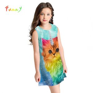 Dzieci Sukienka Dziewczyna Ubrania Śliczne Kolorowe Zwierząt Print Cat Toddler Girl Sukienki Bez Rękawów A-Line Rainbow Dress 8 10 12 Rok Vestido Q0716