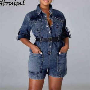 Denim Jumpsuit Women Fashion Short Sleeve Pocket Romper Streetwear Plus Storlek Casual Body Suit Outfit Monos Mujer 210513