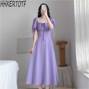 Moda Letnia Casual Kobiety Square Neck Sleeve Puff Sleeve Purple Dres Krótkie sukienki 210531