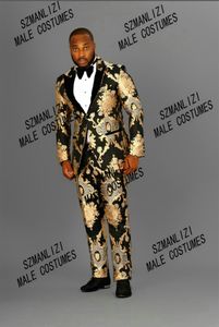 Yeni Tasarımlar Erkek Düğün Slim Fit Damat Siyah Altın Nakış Çiçek Resmi Smokin Erkekler Suit Sahne Balo Parti Ceket Pantolon