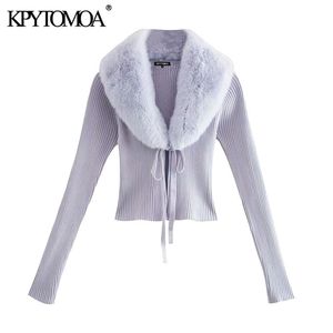 Kpytomoa女性のファッションのファックスファーパッチワークトリミングニットカーディガンセーターヴィンテージ縛らVネック女性アウターウェアシックトップ210805