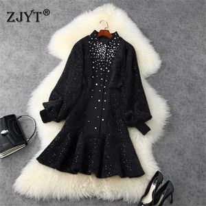 Yüksek kaliteli pist moda kadın fener kollu lüks elmaslar katı siyah kısa parti elbise sonbahar kış giysileri 210601