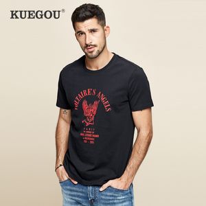 Kuegou 100% bawełniany męski koszulka z krótkim rękawem Summer szkielet anioła drukowania mody mody krótkiego rękawu T Shirt Men Tops ZT-3350 210524