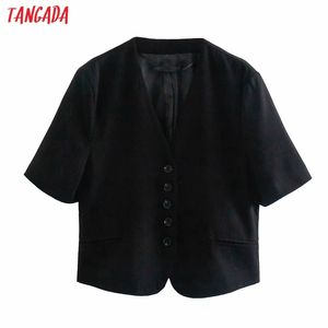 Women Solid Black Blazer Coat Vintage Short Sleeve Fashion Female Casual Chic Tops 4M123 210416