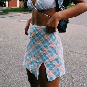 Foridol xadrez de fenda saia mulheres cintura alta cintura Checkered Cara Split Mini Saia Chique Streetwear Saia Azul Bottoms Faldas Mujer Outono 210415