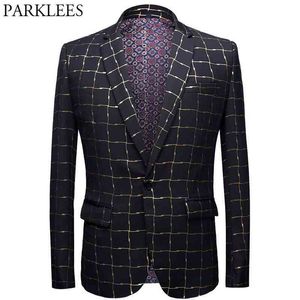 Gold Plaid Check Bronzing Luxury Blazer Jacket Men Slim Fit One Button Tuxedo Suit Blazer Male Party Stage Wedding Blazer Hombre 210522
