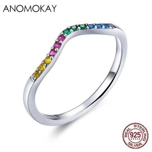 Anomokay 100% real 925 esterlina de prata arco-íris onda de dedo anéis coloridos cz pavimentada noivado anel de casamento jóias mulheres