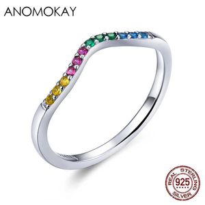 ANOMOKAY 100％REAL 925スターリングシルバーレインボーウェーブフィンガーリングカラフルなCZ舗装婚約結婚指輪ジュエリー女性