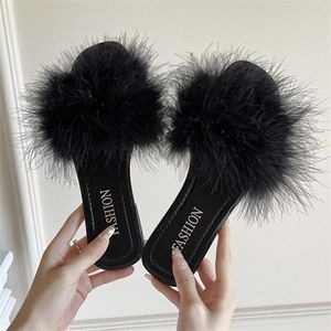 Mules Slippers Women Fashion Square Toe Furry Flat Shoes Office Ladies Slides Flats Green White Pink Ytmtloy Zapatillas Mujer Y1120