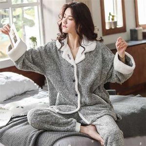 2 Pieces Winter Women Pajamas Set Thicken Warm Soft Flannel Sleepwear Lapel Buttons Female Homewear Plus Size Pyjamas 211112