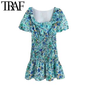 Donne Chic Moda Stampa floreale Increspato Mini abito smock Colletto quadrato vintage Manica corta Abiti femminili Mujer 210507