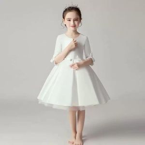 Blomma flicka klänningar spets baby flicka spädbarn klänning barn formell slitage vit kort satin tre fjärdedelar ärm
