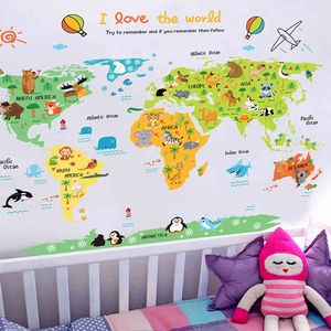 Mapa do mundo dos desenhos animados PVC DIY auto adesivo vinil adesivos de parede quarto decoração de casa para crianças sala decoração arte parede decalque 210420