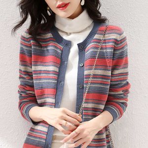 Women Elegant Sweater Cardigans Oneck Retro Vintage Knit Jackets Black White stripe Long Cardigans Loose Tops Winter Jacket 210604