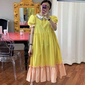 Summer Peter Pan Collar Puff Sleeve Stitching Contrast Color Ruffles Loose Large Hem Yellow Robe Runway Dress 210510