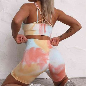 Seamless Sport Set Women Two Piece 2PCS Tie Dye Crop Bra Shorts Workout Outfit Fitness Wear Running Gym Female Yoga Sets Clothes 210802