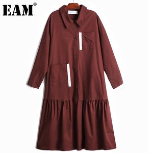 [Eam] Mulheres Contraste Color Ribbon Bolsos Plissados ​​Camisa Vestido Lapela Manga Longa Loose Fit Moda Primavera Verão 1d8215 21512