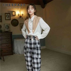 가을 한국 블라우스 여성 긴 소매 탑 디자이너 흰색 버튼 케이프 패션 의류와 칼라 셔츠 위로 210427