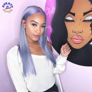 Lungo Rettilineo Grigio/Viola Parrucca di Capelli Umani Brasiliani 13x3 Sintetico Trasparente Parrucche Frontali Del Merletto Per Nero/Bianco donne Cosplay