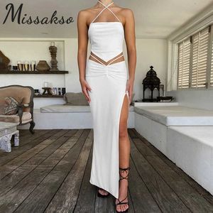 Missakso Sexy Women Set Halter Crop Top och Midi Bodycon kjolar Party Club Summer White Black Two Piece Set Outfits 210625