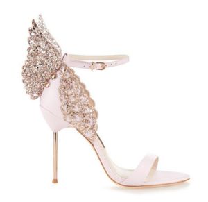 Women's Leather Sandals, Sophia Webster Butterfly Wing Stiletto with artificial diamond, one-word buckle heels, Size: 34-42, pink
