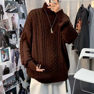 Chunky Knitセーター男性ピュアカラープルオーバー男性ニットセーターハイネックタートルネックセーターファッション服男性2021トレンドY0907