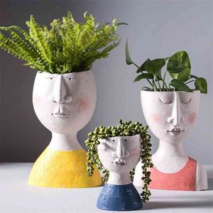 アートの肖像画の植木鉢花瓶彫刻樹脂の人間の顔ファミリーフラワーポット手作りの庭の収納フラワーアレンジメントホームデコー210401