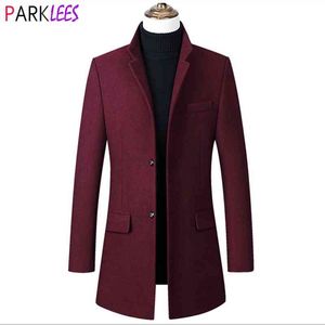 Men's Wine Red Wool Trench Coat Winter Brand Long Trench Coat Men Stand Collar Slim Fit Business Pea Overcoat Male 4XL 210522