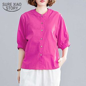 Plus storlek toppar sommar knapp upp skjorta kvinnor 100% bomull blus o nacke casual damer kläder solid färg blusas 13627 210528