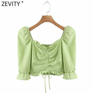 Zevity Women Sweet Agaric Lace Square Collar Solid Short Smock Blouse Ladies French Style Shirt Chic Blusas Tops LS7649 210603