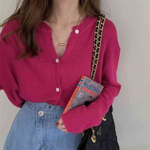 Korean Fashion Pitaya Color Ribbed Knitted Cardigan Women Autumn Long Sleeve Basic Cropped Sweaters Casual Tops Sueters De Mujer 210812