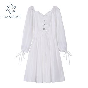 Drawstring с длинным рукавом белое платье женщины V-образным вырезом шифоновые кнопки Элегантная MORI Девушка платья женский стильный корейский ретро Vestidos 210515