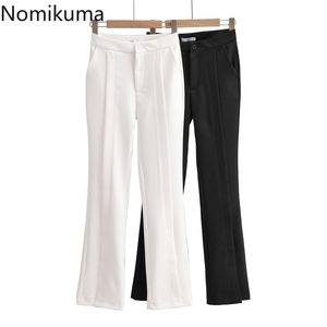 Nomikuma因果的堅い女性フレアパンツ新しい韓国のスプリットロングズボンエレガントな高腰パンツMujer Pantalones 6H522 210427