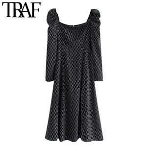 TRAF Women Elegant Fashion Polka Dot Front Slit Midi Dress Vintage Puff Sleeve Black Elastic Female Dresses Vestidos 210415