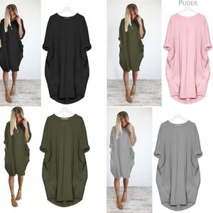 Damskie Suknie Środkowe Suknie Z Długim Rękawem Jesień Fashional Solid Color Czas wolny Okrągły Neck Kieszonkowy Kobieta One Piece Spódnica 15cf Y2