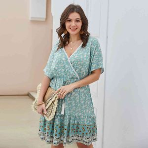 Jastie V-Neck Short Sleeve Women Summer Dress Bohemian Floral Printed Dresses Plus Size Oversize Casual Beach Sundress Vestidos 210419