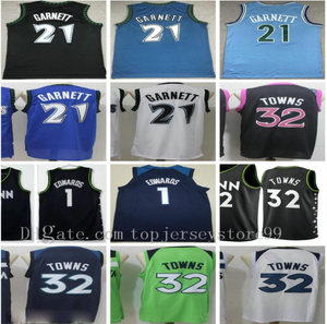 Męskie Koszulki Koszykówka Retro Vintage Klasyczny Kevin 21 Garnett Jersey Black White Blue New City Karl-Anthony 32 Miasta Anthony 1 Edwards 100% Szyte