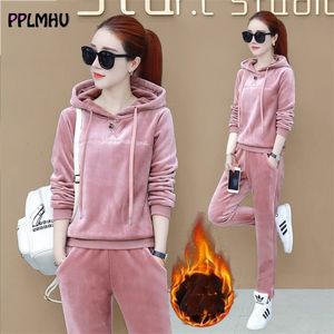 Winter Thicken Warm Velvet Tracksuit 2 Piece Set Women Plus Size 4XL Casual Long Sleeve Hooded Pullover Tops + Pant Jogging Suit 220315