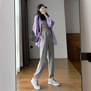 Grå Svart Elastisk Midja Sportbyxor Kvinna Lösa Fötter Vår Höst Koreansk Casual Loose Ladies Hip Hop Nine-Point Guard Pants Q0801