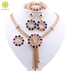 New African Bridal Jewelry Sets for Fashion Women Colorful Crystal Necklace Earrings Bracelet Ring Sets Wedding Gift H1022