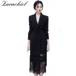 Autumn Women's Sleeve Notched Lace Stitching Blazer Suit Long Jacket Office Lady Adjustable Belted Wrap Dress 210416