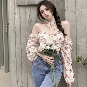 Halter Sexy Women Blouse Puff Sleeve Blusas Black Loose Short Print Cutout Chiffon Shirt Summer 16W615 210510