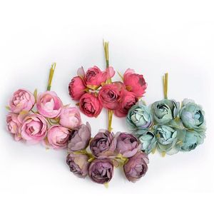 Dekorativa blommor kransar 11 cm 6 huvuden mini rosrosa siden bukett pion artificiellt bröllop hem dekoration tillbehör scrapbook falsk