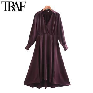 Women Fashion With Buttons Soft Touch Asymmetric Midi Dress Vintage Puff Sleeve Side Zipper Female Dresses Mujer 210507