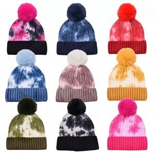 Tie dye Crochet Hats Unisex Wool knitted hat Autumn Winter Keep warm Caps Fashion Colored Cap teenager men women Gradient Pompom Cap