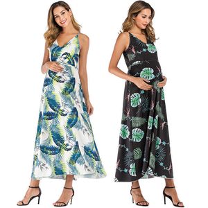 Elegante Maternidade Vestidos Sem Mangas Suspender Folha Impressão Vestido Gravidez Verão Praia Maxi Vestido para Photo Shoot Mulheres Grávidas Q0713